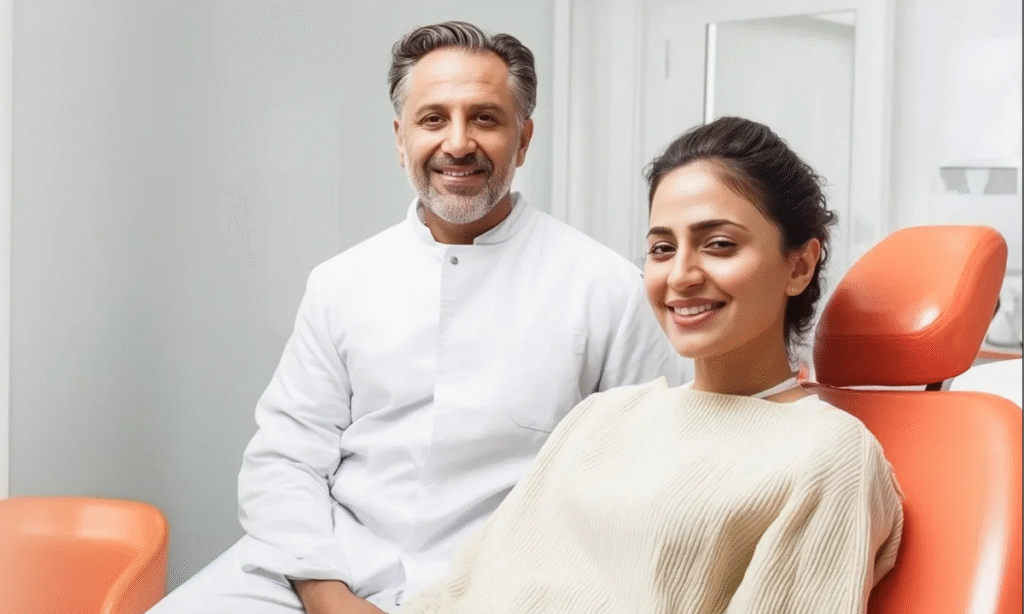 Dentist and patient after professional teeth cleaning in Gwalior at Jain Dental Clinic